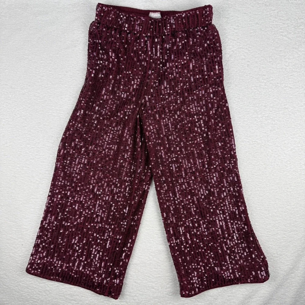 Abercrombie Kids Sequin Pants Girls 5/6 Burgundy Sparkly Holiday Party Wide Leg